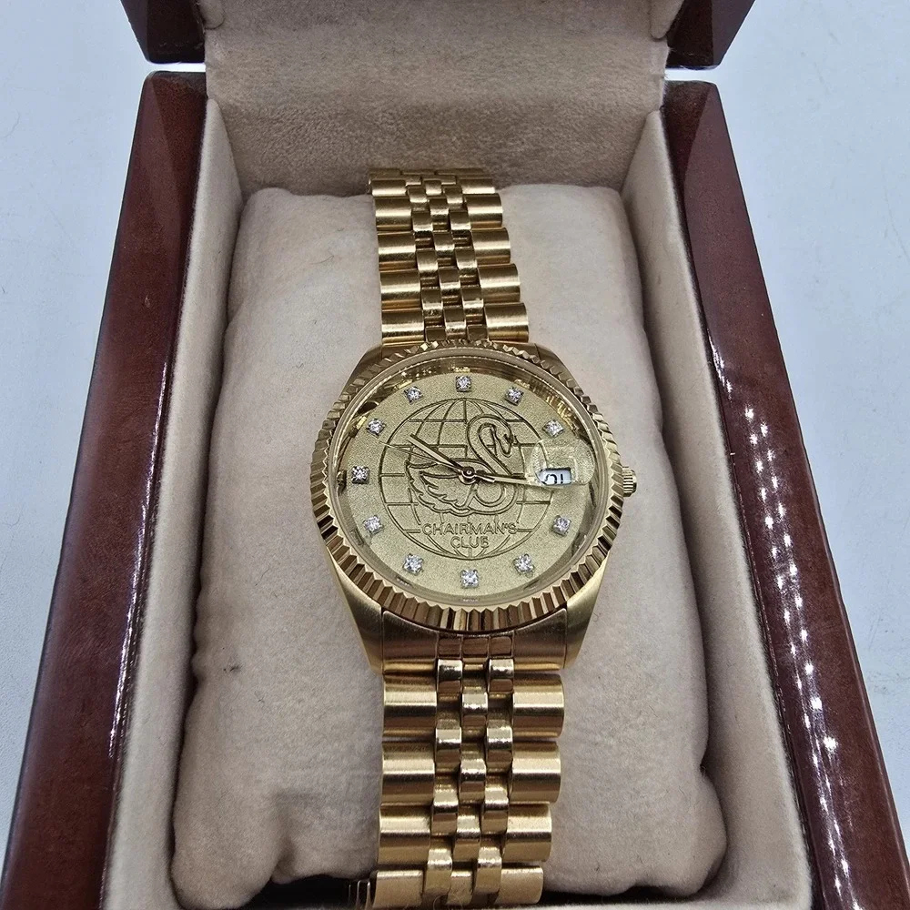 NIB Schwans Chairman Watch Gold Plated 11‎ Diamonds Jubilee Day Date Watch 35mm